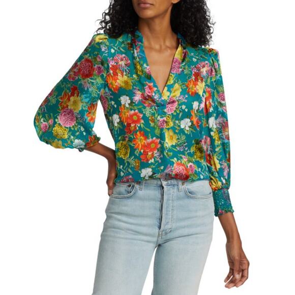 Alice + Olivia Sheila Floral Print Silk Blouse Top Summer Bliss Blue Size XS NWT - Picture 2 of 10